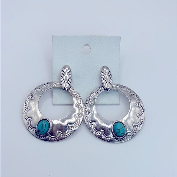 Free People Jewelry - NWT! Free People Silver and Blue Hoop Earrings with Southwestern Design